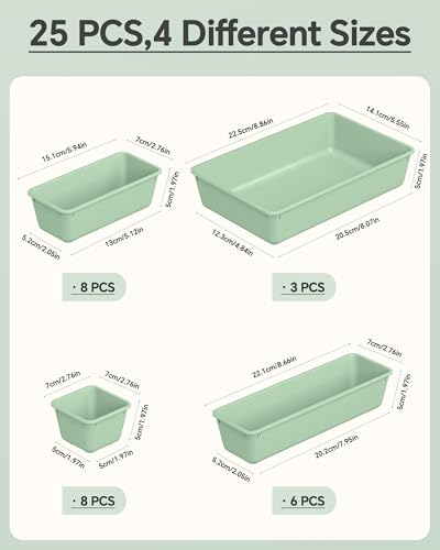 KEMETHY 25 PCS Plastic Drawer Organizers Set, 4 Sizes Vanity Organizer, Makeup and Desk Drawer Organizer Trays, Organization and Storage for Makeup, Bathroom, Kitchen Utensils and Office (Green) - color: Green