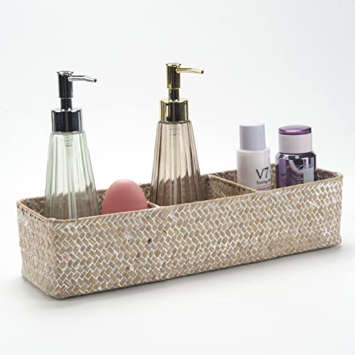 Seagrass Storage Basket 3 Sections Woven Shelf Baskets with Compartment (Whitewash, 14.6inch x 4.7inch x 3.1inch) - color: Whitewash 3 Sections without Lid