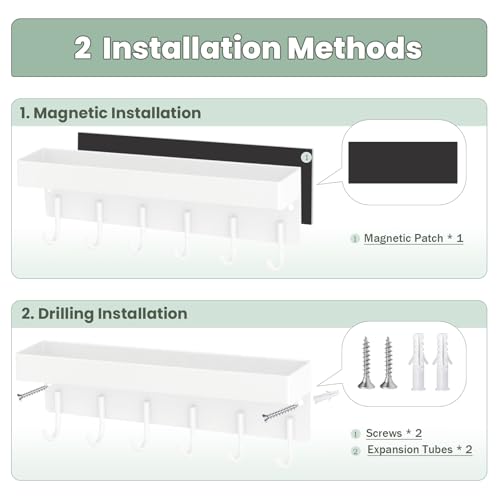 Magnetic Key Holder Wall Mount, Small Metal Key Rack with Tray, 9.6 Inch, 6 Hooks, 2 Installation Options, White - color: White