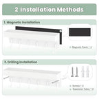 Magnetic Key Holder Wall Mount, Small Metal Key Rack with Tray, 9.6 Inch, 6 Hooks, 2 Installation Options, White - color: White