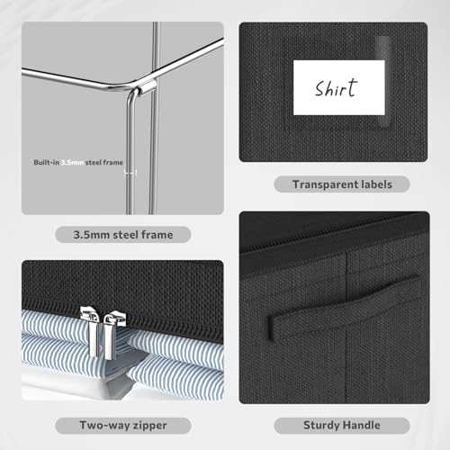 CYhom Clothes Storage Bins Box - Linen Fabric Foldable Stackable Container Organizer Set with Clear Window & Carry Handles & Metal Frame (Black, Large-66L) - color: Black, size: Large-66L