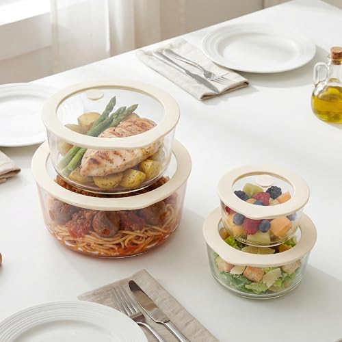 Urban Green Glass Food Container Set with Glass Lid, 4 Pack, Meal Prep Containers with Silicone Framed Airtight Lid, Leakproof, 100% Plastic Free, - color: White Sand-RD
