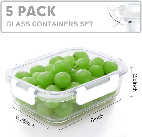 VERONES 5 Pack 36 OZ Glass Meal Prep Containers, Airtight Glass Lunch Containers Set, Food Storage Containers with Lids,Exclusive of BPA, for Microwave, Oven, Freezer & Dishwasher Friendly,White - color: White