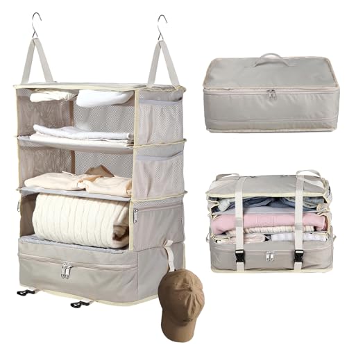 Bukere Hanging Packing Cube for Travel, Portable Shelves Organizer Bag for Luggage Suitcase, Travel Essentials, Compression Carry-On Closet Storage, X-Large Capacity - color: BEIGE
