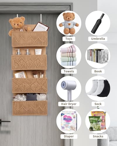 ANTIS'S HOME Nursery Over The Door Organizer Boho Decor Nursery Storage with 4 Large Woven Pockets, Macrame Nursery Organizers and Toys Storage, Behind Door for Bathroom, Bedroom, Brown - size: Brown-4 Pockets