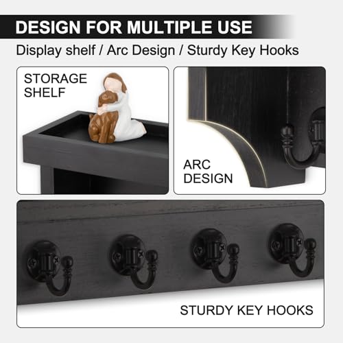 Key and Mail Holder Wall Mount, Key Holder with Shelf and Mail Organizer Wall Mount. Mail Holder with 5 Hooks for Coat, Dog Leash, Home Decor Rack, Entry Way Organizer (Black) - color: Black
