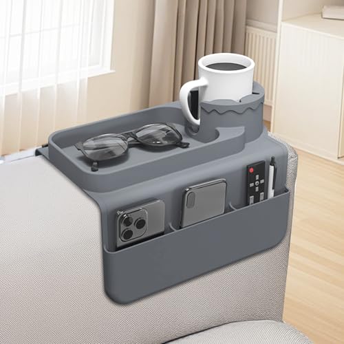 Couch Cup Holder Tray, Silicone Sofa Armrest organizer with Assesory Side Pockets for storage Remotes, Cell-phone,Tablet or Snack, Anti-Spill and Anti-Slip Couch Drink Holder Caddy(Gray) - color: Gray
