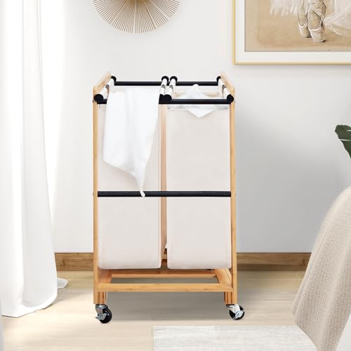 STO STO 2-Section Laundry Sorter with Bamboo Frame, Rolling Laundry Hamper Basket with Removable Bags and Lockable Wheels, Laundry Cart for Clothes Storage in Bedroom & Laundry Room, Beige - size: 2-Section