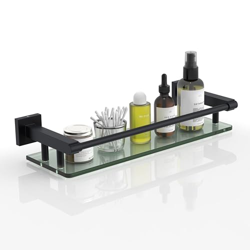 Glass Shelf 16IN for Bathroom Black Rectangular Stainless Steel Tempered Glass Modern Wall Mount Shelf Sink Over Toilet Bathroom Organizer (Matte Black, 16‘’) - color: Matte Black, size: 16'' with Railing