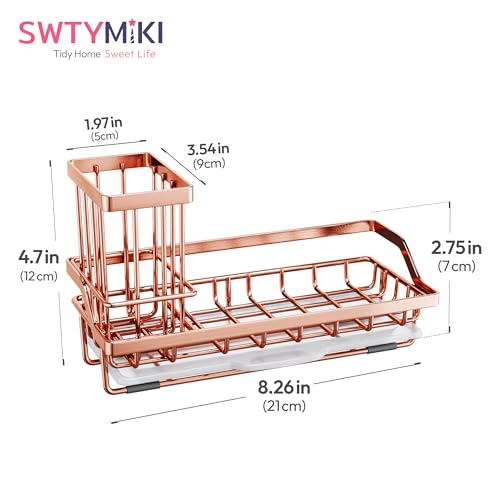 SWTYMIKI Sink Caddy Kitchen Sink Organizer with Detachable Brush Holder, Stainless Steel Sponge Holder with Removable Drip Tray Sponge Caddy for Kitchen Countertop, Rose Gold - color: Rose Gold, size: Medium