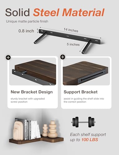 BATODA Acacia Wood Corner Floating Shelf 17” x 12”- Corner Shelf Wall Mounted - Floating Book Shelves for Wall - Corner Shelf for Home, Kitchen - with Brackets and Hardware (Walnut Color, 17" x 12") - color: Walnut Color