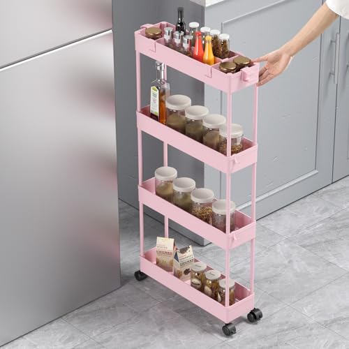 SPACELEAD Slim Storage Cart 4 Tier,Bathroom Organizer Rolling Utility,Mobile Shelving Unit Slide Out for Office, Kitchen, Laundry Room & Narrow Places,Pink - color: Pink