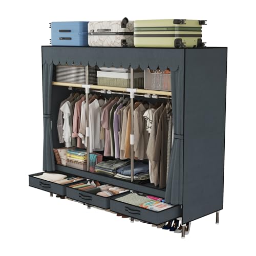Portable Wardrobe, Freestanding Closet Hanging Organization, Metal Frame with Grey Fabric Cover, 3 Storage Compartments, 3 Hanging Rods, 3 Drawers. - color: Grey
