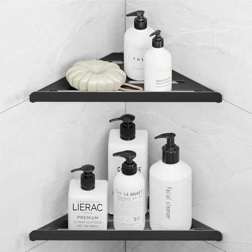 Fikoksol Shower Caddy, 2 Pack Bathroom Corner Shelf, Triangle Shelf Storage for Bathroom Shower, Black Metal Shower Shelf & Rustproof Wall Mounted Adheisve Shower Organizer Accessories and Essentials - color: Black, 2pc