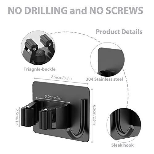 homeasy Mop Broom Holder No Drill, Mop Broom Organizer Wall Mounted Heavy Duty with Hooks Hanger, Self Adhesive Stainless Steel 4Pcs for Bathroom, Kitchen, Office (Black) - color: Black