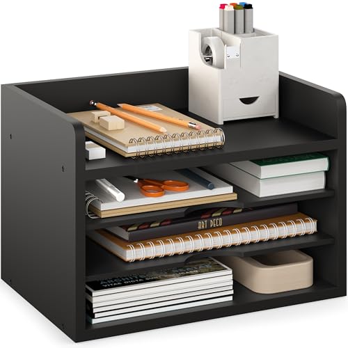 Ballucci File Organizer, 4-Tier Office Desk Organizer, Open Top Wood Paper Organizer for Classroom, Desktop Mail Sorter Paper Tray, Black - color: Black, size: 4 Tier