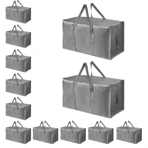12 Pack-Extra Large Heavy Duty Moving Bags - Waterproof Storage Totes with Handles & Zippers, Foldable for College Dorm, Storage (Gray) - color: Gray, size: 12