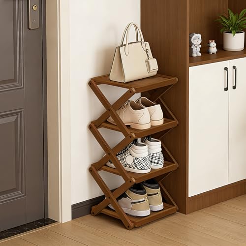 YYW Shoe Rack, Foldable Bamboo Shoes Shelf, Freestanding Shoe Storage Organiser for Entryway, Bedroom, Closet, Hallway - Functional, Natural Shoe Rack (Brown, 4 Layers) - color: Brown, size: 4 layers