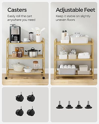 SONGMICS 3-Tier Metal Storage Rack with Wheels, Mesh Shelving Unit with X Side Frames, 31.5-Inch Width, for Entryway, Kitchen, Living Room, Bathroom, Industrial Style, Metallic Gold UBSC183A01 - color: Metallic Gold, size: 31.5"W