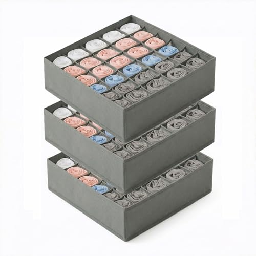 Gray 24 Grid 3 Pack Foldable Underwear Sock Storage Organizer, Non-Woven Fabric Closet Drawer Divider Bins for Socks, Ties, Baby Clothes, Dresser & Wardrobe Organization Boxes (Grey 3 Pack) - color: Gray 3 Pack