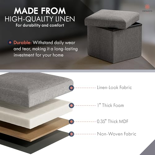 Ornavo Home Small Storage Ottoman Foldable Collapsible Cube Square Linen Ottoman Foot Rest Stool Seat, for Living Room, Bedroom, Home Office, Dorm - 12 x 12 x 12, Dark Gray - color: Dark Gray