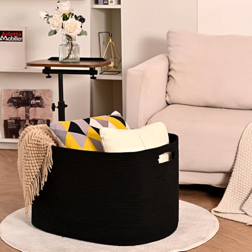 ICERZCZ Large Black Blanket Basket, Storage Baskets for Blankets, Woven Baskets for Storage, Woven Cotton Rope Basket for Toys, Clothes, Shoes, Books, Black, 25”x16”x16” (105L) - color: Black, size: 25”x16”x16”