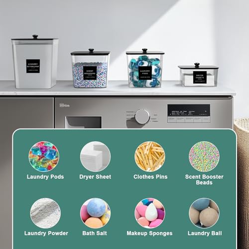 POLRAI 4 Pack Laundry Pod Containers and Dryer Sheet Holder with Bamboo Lids and Labels Laundry Room Organization Containers for Scent Booster Powder Detergent Pods Storage - color: Black, size: 2+1+1 Pack