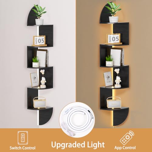 Waipfaru Corner Shelf, 5 Tier Bookshelf with LED Light, Corner Shelf Wall Mounted, Floating Shelves for Wall, Display Stand for Bedroom, Living Room, Bathroom, Home, Office, Black - color: Black