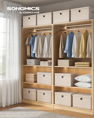SONGMICS Storage Bins with Lids, 3 Pack Stackable Fabric Storage Boxes, Odorless PP Sheets, Foldable Cube Baskets Organizers with Handles, 15.7 x 11.8 x 9.8 Inches, Summer Sand URFB540LF01 - color: Summer Sand, size: 15.7"L x 11.8"W x 9.8"H