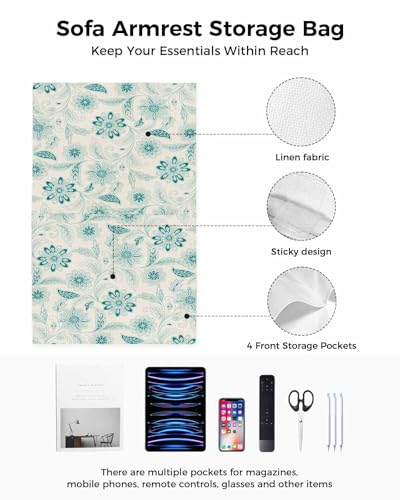 Sofa Armrest Organizer Bedside Caddy, Vintage Turquoise Floral Non Slip Couch Remote Control Holder for Recliner, Rustic Abstract Flower Burlap Arm Chair Caddy with Pocket for Magazine, 19.7"x35" - color: Turquoise, size: 19.7x35 in