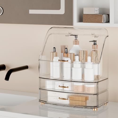 Makeup Organizer Countertop Vanity with Transparent Lid Drawers Waterproof Dustproof Cosmetic Skincare Bathroom Storage Gift for Women Teens Girls (Clear Whtie) - color: Clear Whtie