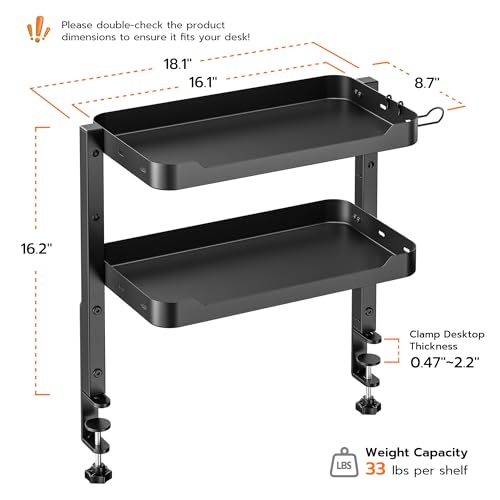 ARES WING 2-Tier Clamp On Desk Shelf, 16 inch Adjustable Above or Under Desk Storage Shelves Holds 66 lbs, Heavy Duty Desktop Organizer with Headphone Holder for Working and Gaming Accessories, Black - color: Black, size: Dual Shelf