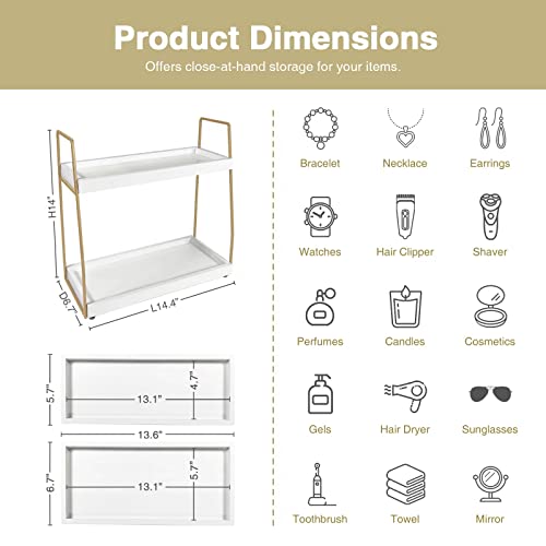 Forbena Bathroom Organizer Countertop, Counter Organizer for Bathroom Decor, Wooden Sink Shelf for Vanity Storage, Makeup Tray for Perfume Skincare Bedroom Kitchen Corner (2 Tier, White and Gold) - color: White-gold