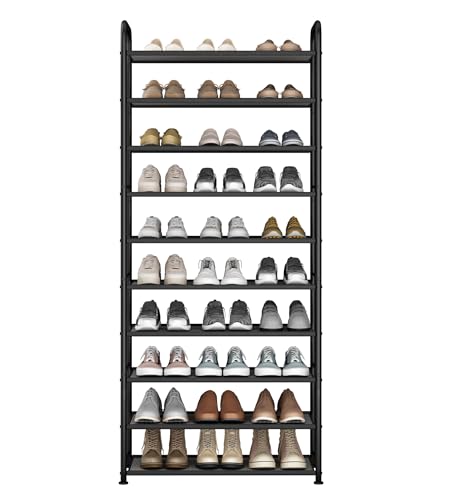 STO STO 10-Tier Shoe Rack with Sturdy Mesh Shelves, Tall Metal Shoe Organizer for Entryway, Closet, Garage, Front Door, Holds 30 Pairs, Free Standing Large Shoe Storage Shelf, Adjustable Feet, Black - size: 10-Tier Standard