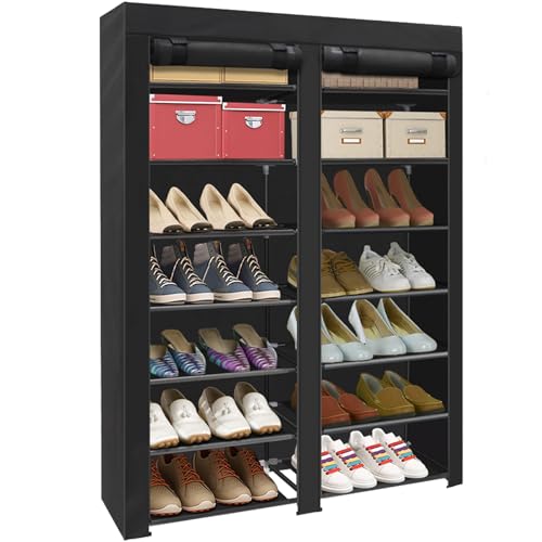 ERONE Shoe Rack Storage Organize, 28 Pairs Portable Double Row with Nonwoven Fabric Cover Shoe Shelf Cabinet for Closet - color: Black
