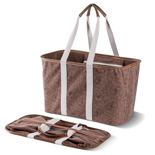 CleverMade Collapsible LUXE Tote - Reusable Grocery Shopping Storage Bag Organizer w/Handles Reinforced Bottom - color: Pretty in Peony