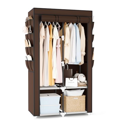 Portable Closet for Hanging Clothes, Portable Wardrobe Closet with Cover, 4 Storage Shelves, 2 Hanging Rods and 8 Side Pockets Easy Assembly and Sturdy Free Standing Closet for Bedroom Brown - color: Brown
