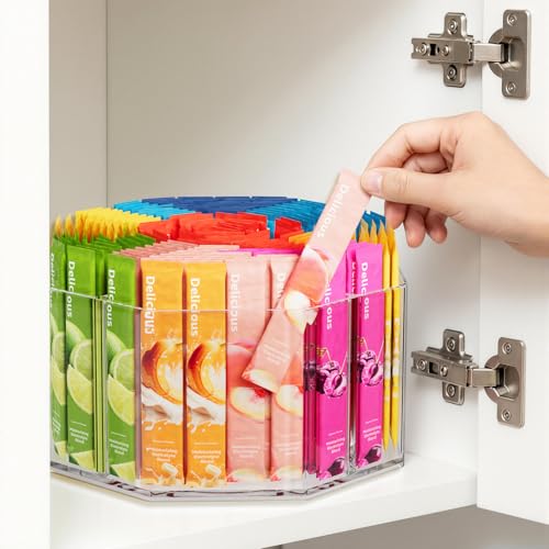 Divided Drink Packet Organizer, Octagonal 5 Compartment Clear Lazy Susan Turntable, Rotating Storage Organizer for Powdered Drink Mix, Water Flavor Packets, Coffee, Tea, Spices - size: 1 Pack - 5 Section