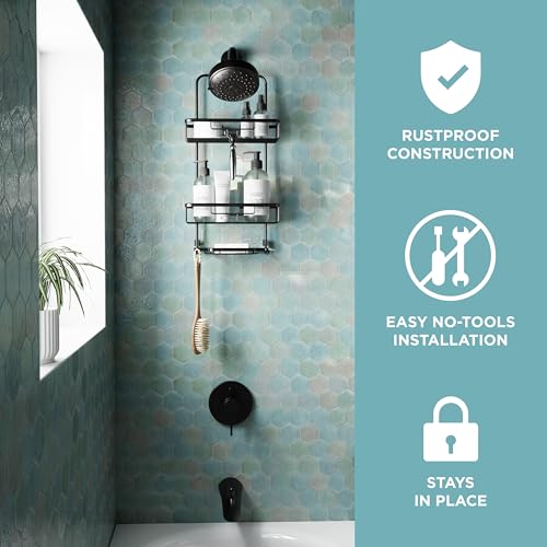 Zenna Home Rustproof Hanging Shower Caddy, Over the Shower Head Caddy with 2 Shelves and Built In Hooks, Aluminum Bathroom Hanging Organizer, Bronze - color: Bronze