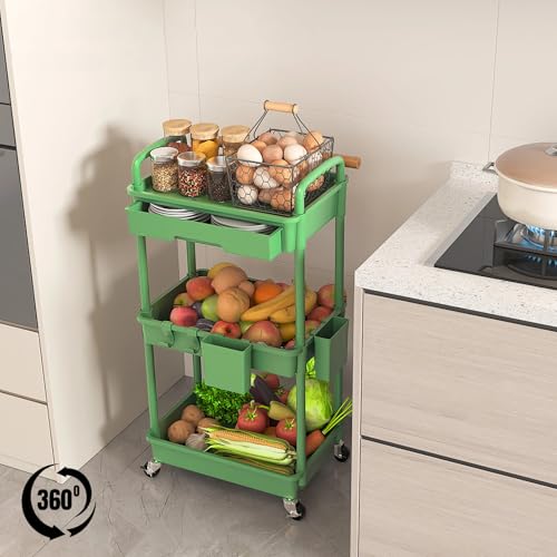3 Tier Rolling Utility Cart with Drawer, Plastic Storage Organizer Rolling Carts with Wheels Handles Hanging Cups Hooks for Office, Bathroom, Kitchen,Craft Art Room (Green) - color: Green, size: 3-Tier