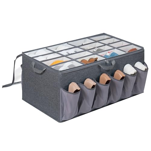 Shoe Organizer for Closet, Shoe Storage Solution with Clear Cover & Adjustable Dividers, Fabric Shoe Box Fits 16 +12 Pairs Shoes, Grey, 1-Pack - color: Grey, size: 1 Pack Large