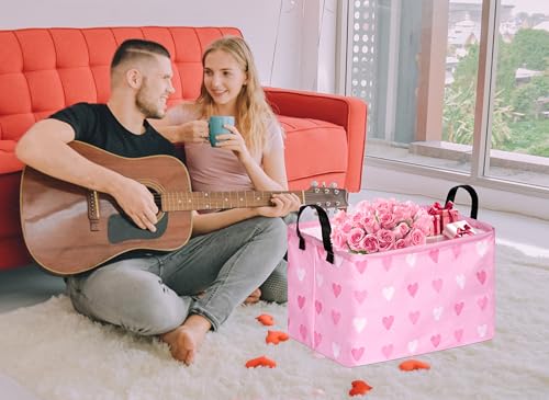 Valentine's Day Gift Basket Pink Heart Print Box Hamper Storage Basket Collapsible Organizer Bin Gift Shelf Baskets for Home and Kitchen Storage - color: pink three-heart