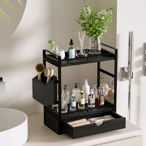 2-Tier Wood Bathroom Counter Organizer, Countertop Organizer with Drawer and Storage Basket, Bathroom Sink Organizer for Vanity, Skincare, Makeup, and Daily Essentials (Black) - color: Black