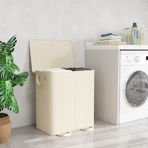 Lifewit Double Laundry Hamper with Lid and Removable Laundry Bags, Large Collapsible 2 Dividers Dirty Clothes Basket with Handles for Bedroom Laundry Room Closet Bathroom College, 155L Ivory White - color: Ivory White, size: 155L