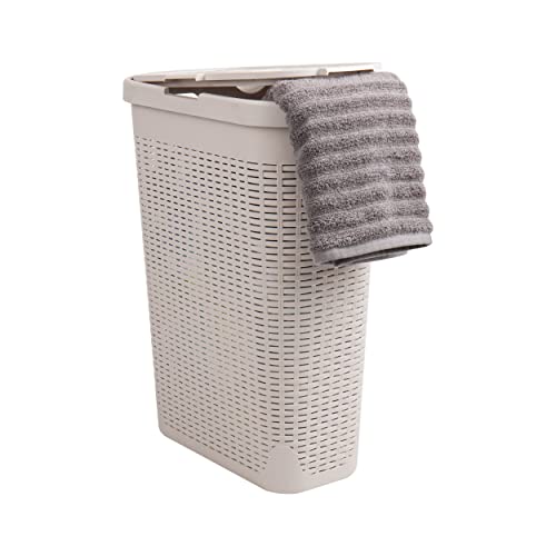 Mind Reader Slim Laundry Hamper with Lid, 40L Clothes Basket, Narrow Tapered Design with Ventilated Cutout Pattern, Plastic, Ivory - color: Ivory, size: Single
