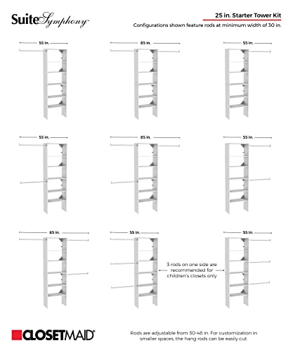 ClosetMaid SuiteSymphony Wood Closet Organizer System, 25-Inch Starter Kit with Tower and 3 Hang Rods and Shelving, Adjustable Shelves, Customizable Insert, Reach-in or Walk-in Closets, Pure White - style: Pure White Finish