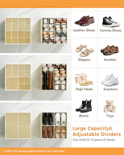 Shoe Organizer for Closet with Clear Cover, Fits up to 16 Pairs Foldable Shoe Storage Organizer Box Bin with Adjustable Dividers
