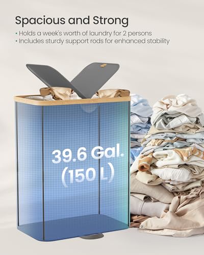 SONGMICS Laundry Hamper with Lids, Laundry Basket with 2 Compartments, 39 Gal. (150 L), Removable Liner Bag, for Laundry Room, Bedroom, Living Room, Slate Gray and Light Bamboo ULCB523G01 - color: Slate Gray, size: 150L (2-Section with Double Lid)