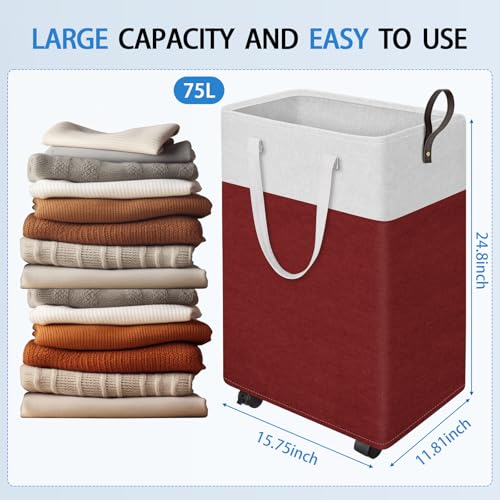 HomeHacks 75L Rolling Laundry Basket with Wheels, Collapsible & Waterproof Laundry Hamper, Mobile Clothes Hamper, Storage Laundry Bins with Handles for Laundry Room, Bedroom, Bathroom & Dorm, Red - color: Red, size: 75L