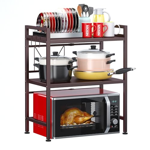 PUSDON 3-Tier Expandable Microwave Oven Rack, Countertop Baker's Rack Style Shelf, Heavy Duty Adjustable Stand with Hooks, 160lbs Capacity Rustic Decor, Vintage Bronze - color: Vintage Bronze, size: H-frame 3 tier